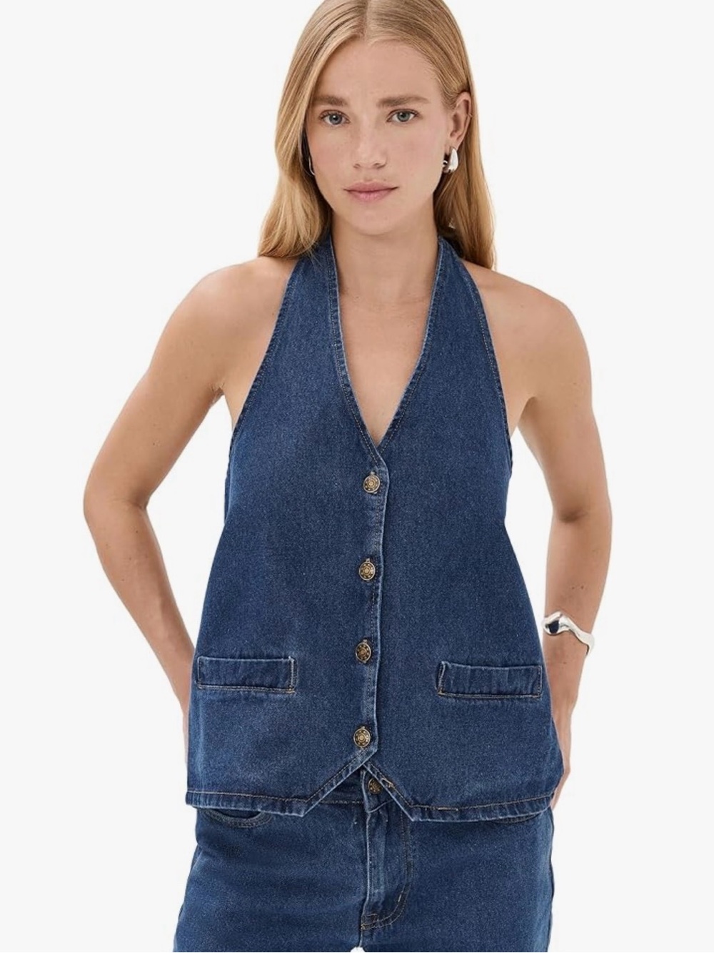 Women's Dark Blue Denim Halter Vest Jeans Top